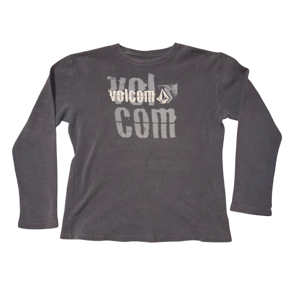 Y2K Volcom Gray Long Sleeve Waffle Knit Thermal Graphic Shirt Slim Fit Large